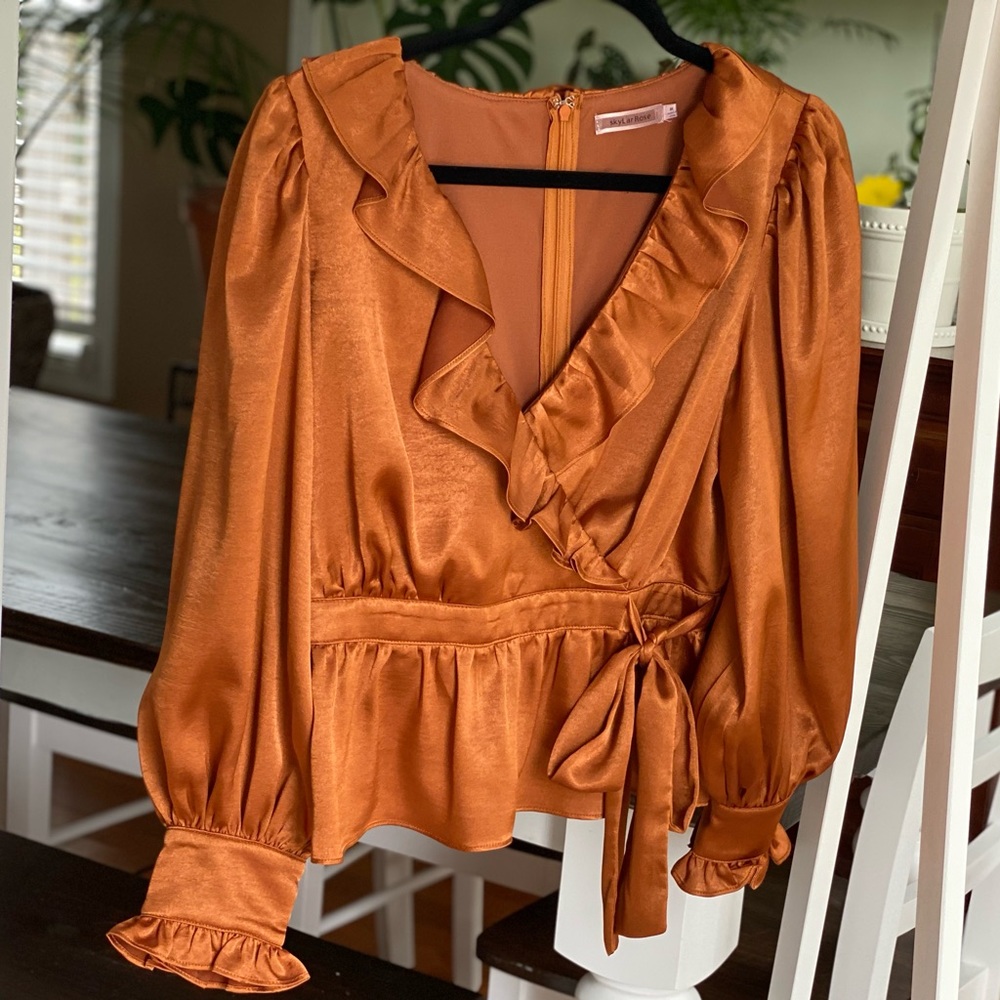 Skylar Rose Satin V Neck Peplum Blouse